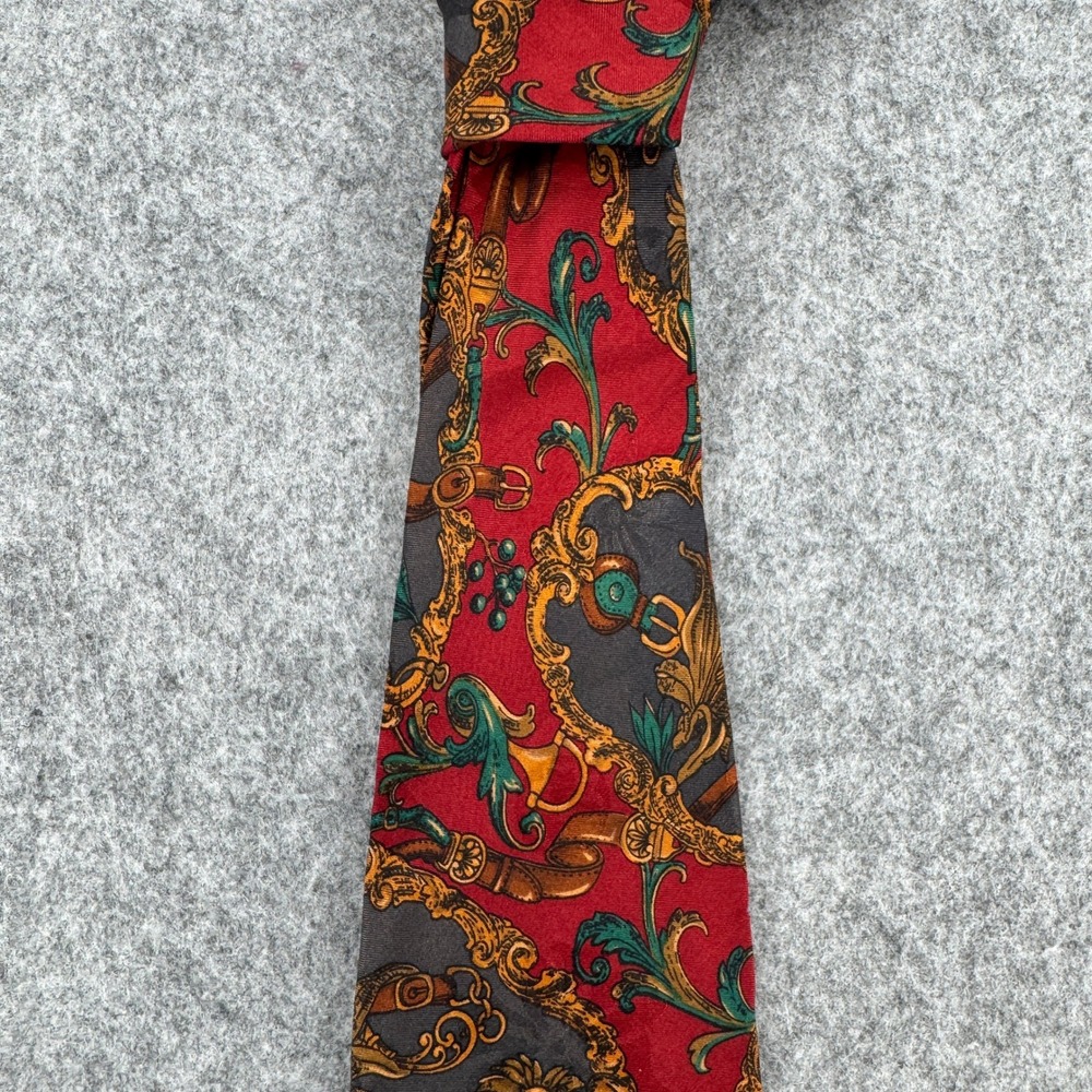 Villa Bugatti Necktie Mens OS Baroque Equestrian Red Gold Italian Silk EUC